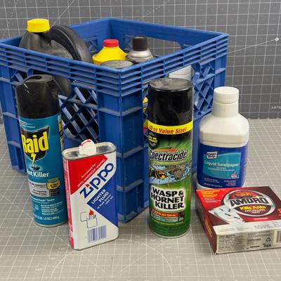 Tub of Garage FLUIDS: Brake Fluid, Liquid Sand Paper, etc.