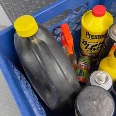 Tub of Garage FLUIDS: Brake Fluid, Liquid Sand Paper, etc.
