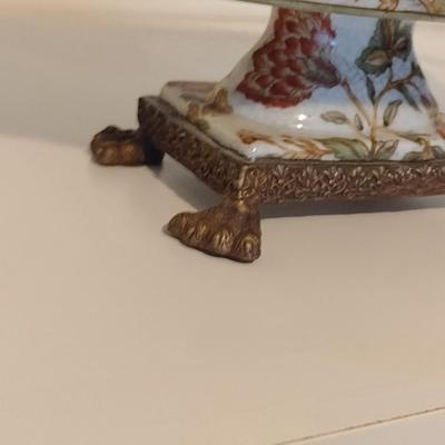 Decorative Enameled Pedestal Bowl with Metal Accents
