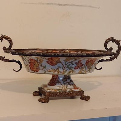 Decorative Enameled Pedestal Bowl with Metal Accents