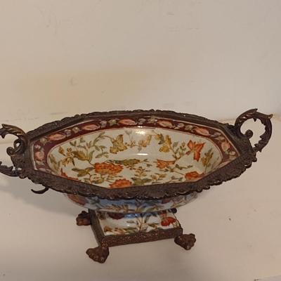 Decorative Enameled Pedestal Bowl with Metal Accents