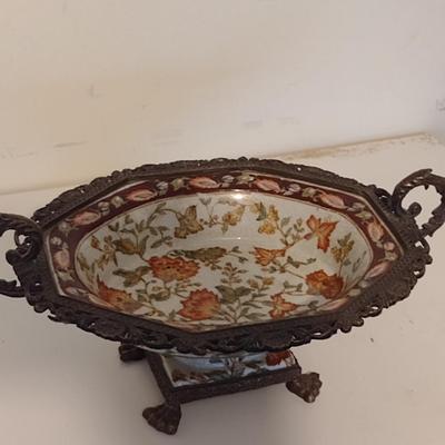 Decorative Enameled Pedestal Bowl with Metal Accents