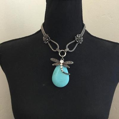 Beautiful faux turquoise, dragonfly, pendant, double snake chain
