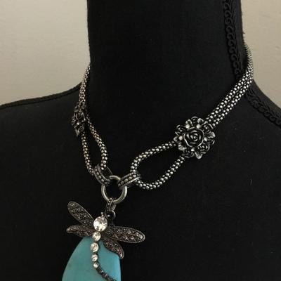 Beautiful faux turquoise, dragonfly, pendant, double snake chain