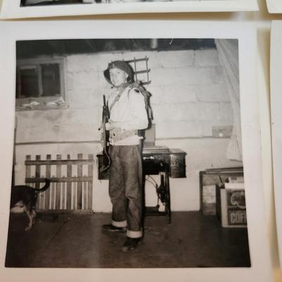 Sale Photo Thumbnail #302: This auction lot is for a series of Playing War Photographs.  Taken in the 1940s these photographs are from a few moments in a real boys life.