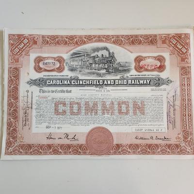 Sale Photo Thumbnail #315: This auction lot is for a gathering of eight certificates of Railroad Stock Shares.  These shares have been cashed in and hold not monetary value other than for their handsome graphics.  Many folks use this for many purposes - get yours here.