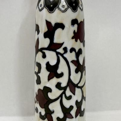 Sale Photo Thumbnail #372: Has white, green, cobalt blue flowers and vines. The inside of the vase is glazed a rich brown color. The vase is in perfect condition with no chips cracks or scratches.