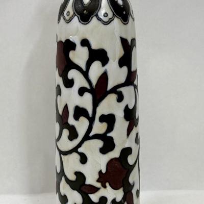 Sale Photo Thumbnail #369: Has white, green, cobalt blue flowers and vines. The inside of the vase is glazed a rich brown color. The vase is in perfect condition with no chips cracks or scratches.