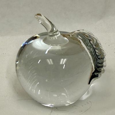 Sale Photo Thumbnail #381: Beautiful clear glass apple paperweight.  Great condition, measures approx. 3" tall to the top of the stem.