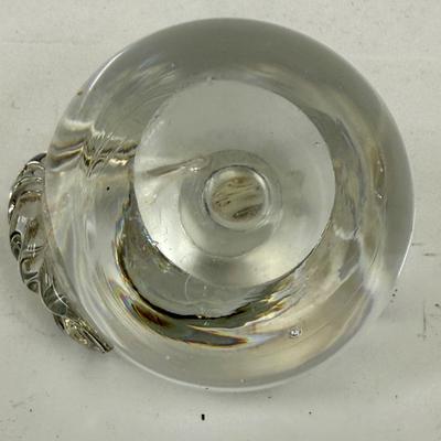 Sale Photo Thumbnail #378: Beautiful clear glass apple paperweight.  Great condition, measures approx. 3" tall to the top of the stem.