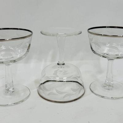 Sale Photo Thumbnail #398: Set of 3, frosted etched leaves around the body of the glass. Good condition, approx. 4.5” tall