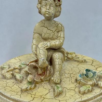 Sale Photo Thumbnail #412: Beautiful crackle-finish antique yellow lidded trinket box. Approx. 6" tall and 7" across.