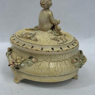Sale Photo Thumbnail #409: Beautiful crackle-finish antique yellow lidded trinket box. Approx. 6" tall and 7" across.