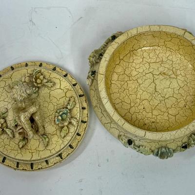 Sale Photo Thumbnail #406: Beautiful crackle-finish antique yellow lidded trinket box. Approx. 6" tall and 7" across.