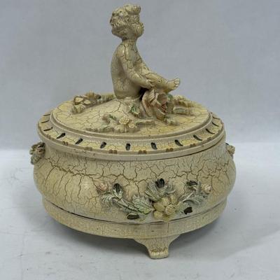 Sale Photo Thumbnail #410: Beautiful crackle-finish antique yellow lidded trinket box. Approx. 6" tall and 7" across.