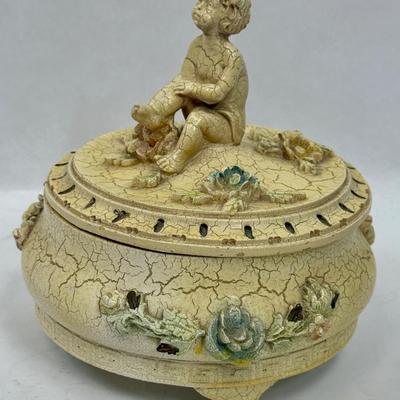 Sale Photo Thumbnail #407: Beautiful crackle-finish antique yellow lidded trinket box. Approx. 6" tall and 7" across.