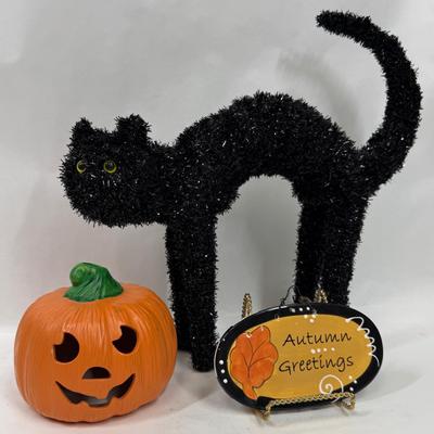 Sale Photo Thumbnail #162: Sign and pumpkin are ceramic, cat is a stiff chenille-like material.  All in good condition.