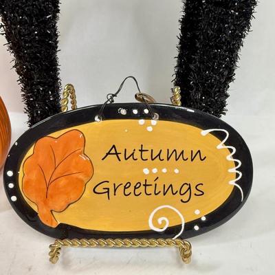 Sale Photo Thumbnail #159: Sign and pumpkin are ceramic, cat is a stiff chenille-like material.  All in good condition.
