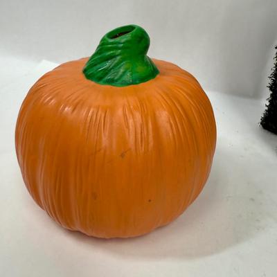 Sale Photo Thumbnail #156: Sign and pumpkin are ceramic, cat is a stiff chenille-like material.  All in good condition.