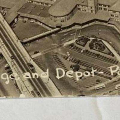 rppc aerial BROADWAY BRIDGE & RAIL DEPOT PORTLAND OREGON 1951