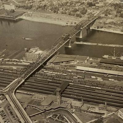rppc aerial BROADWAY BRIDGE & RAIL DEPOT PORTLAND OREGON 1951