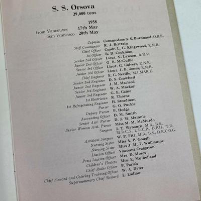 SS ORSOVA ORIENT LINE PASSENGER LIST VANCOUVER TO SAN FRANCISCO 1958 
