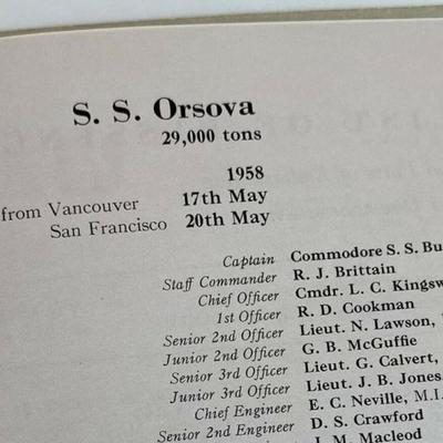 SS ORSOVA ORIENT LINE PASSENGER LIST VANCOUVER TO SAN FRANCISCO 1958 