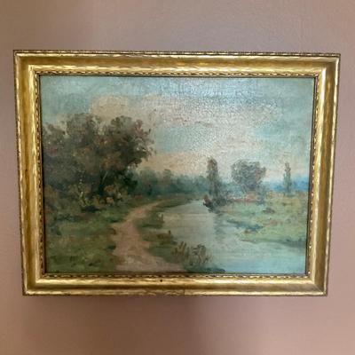 C205 Antique Oil On Canvas Painting of Landscape With A River