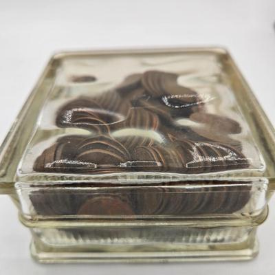 LOT 32: Glass Bank Filled with Wheat Pennies, Cylinder Filled with Steel Pennies and Zell Products Corp. Book Bank with Key Filled with...