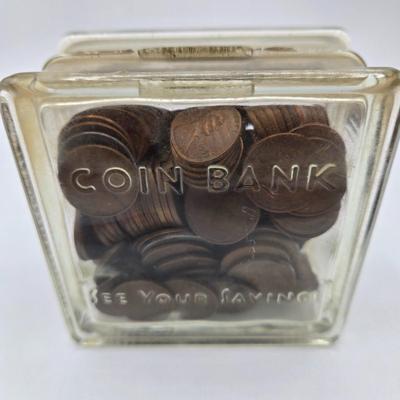 LOT 32: Glass Bank Filled with Wheat Pennies, Cylinder Filled with Steel Pennies and Zell Products Corp. Book Bank with Key Filled with...