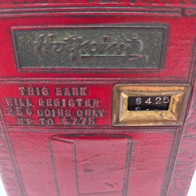 LOT 32: Glass Bank Filled with Wheat Pennies, Cylinder Filled with Steel Pennies and Zell Products Corp. Book Bank with Key Filled with...