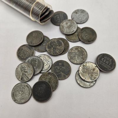 LOT 32: Glass Bank Filled with Wheat Pennies, Cylinder Filled with Steel Pennies and Zell Products Corp. Book Bank with Key Filled with...