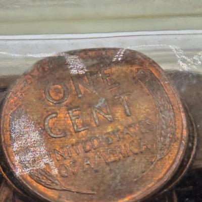 LOT 32: Glass Bank Filled with Wheat Pennies, Cylinder Filled with Steel Pennies and Zell Products Corp. Book Bank with Key Filled with...