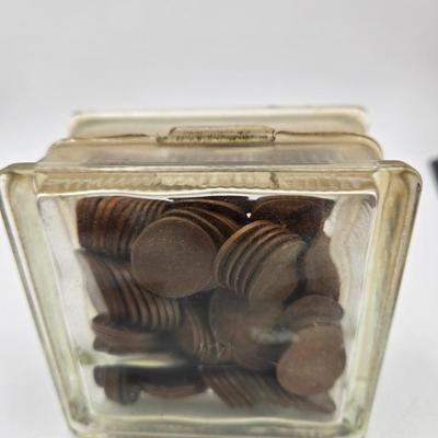 LOT 32: Glass Bank Filled with Wheat Pennies, Cylinder Filled with Steel Pennies and Zell Products Corp. Book Bank with Key Filled with...