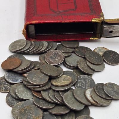 LOT 32: Glass Bank Filled with Wheat Pennies, Cylinder Filled with Steel Pennies and Zell Products Corp. Book Bank with Key Filled with...