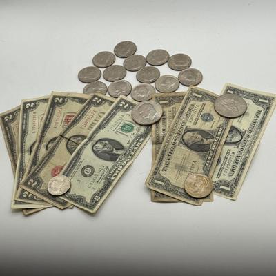 LOT 56: Currency Collection: Susan B. Anthony 1979 Half Dollar, Three 2 Dollar Bills, Silver Certificates and More!