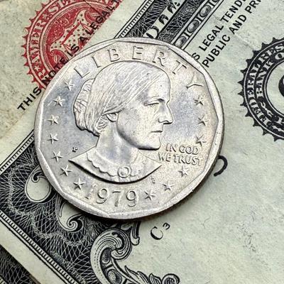 LOT 56: Currency Collection: Susan B. Anthony 1979 Half Dollar, Three 2 Dollar Bills, Silver Certificates and More!