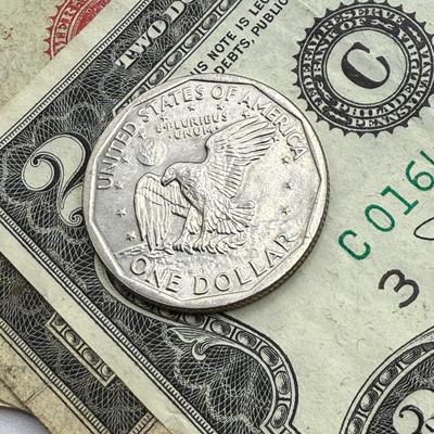 LOT 56: Currency Collection: Susan B. Anthony 1979 Half Dollar, Three 2 Dollar Bills, Silver Certificates and More!