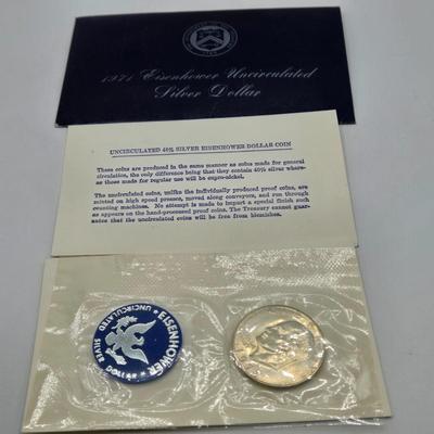 LOT 131: 1971 Eisenhower Proof Dollar, 1968, 1969, 1971, 1972, 1973, & 1974 Proof Set, and 1971 Uncirculated 40% Silver Eisenhower...