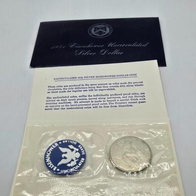 LOT 131: 1971 Eisenhower Proof Dollar, 1968, 1969, 1971, 1972, 1973, & 1974 Proof Set, and 1971 Uncirculated 40% Silver Eisenhower...
