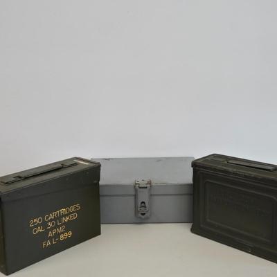 LOT Vintage Metal Box, U.S. Military Ammunition Box, and U.S. Army M1 .30 Caliber Ammunition Box