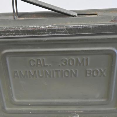LOT Vintage Metal Box, U.S. Military Ammunition Box, and U.S. Army M1 .30 Caliber Ammunition Box