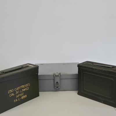 LOT Vintage Metal Box, U.S. Military Ammunition Box, and U.S. Army M1 .30 Caliber Ammunition Box