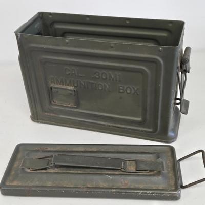 LOT Vintage Metal Box, U.S. Military Ammunition Box, and U.S. Army M1 .30 Caliber Ammunition Box