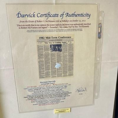 Lot 35 poster signed to Robert McNamara by Ted Kennedy
