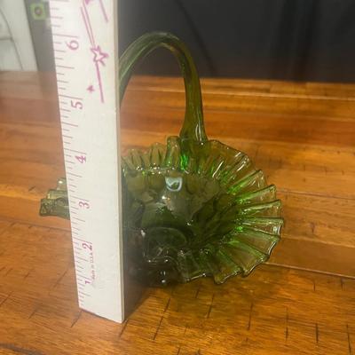 Sale Photo Thumbnail #6: Fenton colonial green art glass basket and vtg daisy & button oval footed green dish