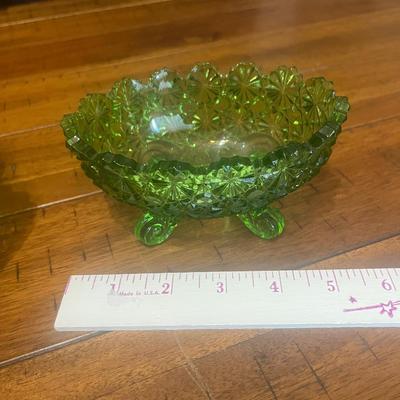 Sale Photo Thumbnail #3: Fenton colonial green art glass basket and vtg daisy & button oval footed green dish