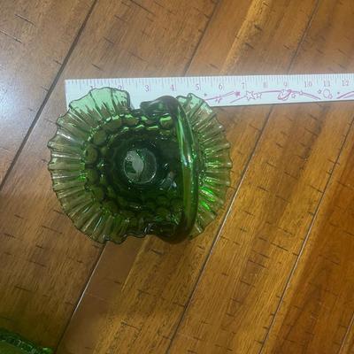 Sale Photo Thumbnail #5: Fenton colonial green art glass basket and vtg daisy & button oval footed green dish