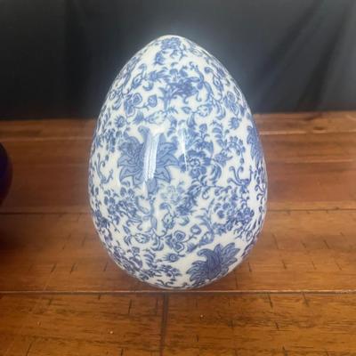 Sale Photo Thumbnail #15: Blue glass bowl, glass marbles, blue/white egg
