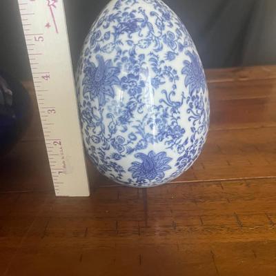 Sale Photo Thumbnail #20: Blue glass bowl, glass marbles, blue/white egg